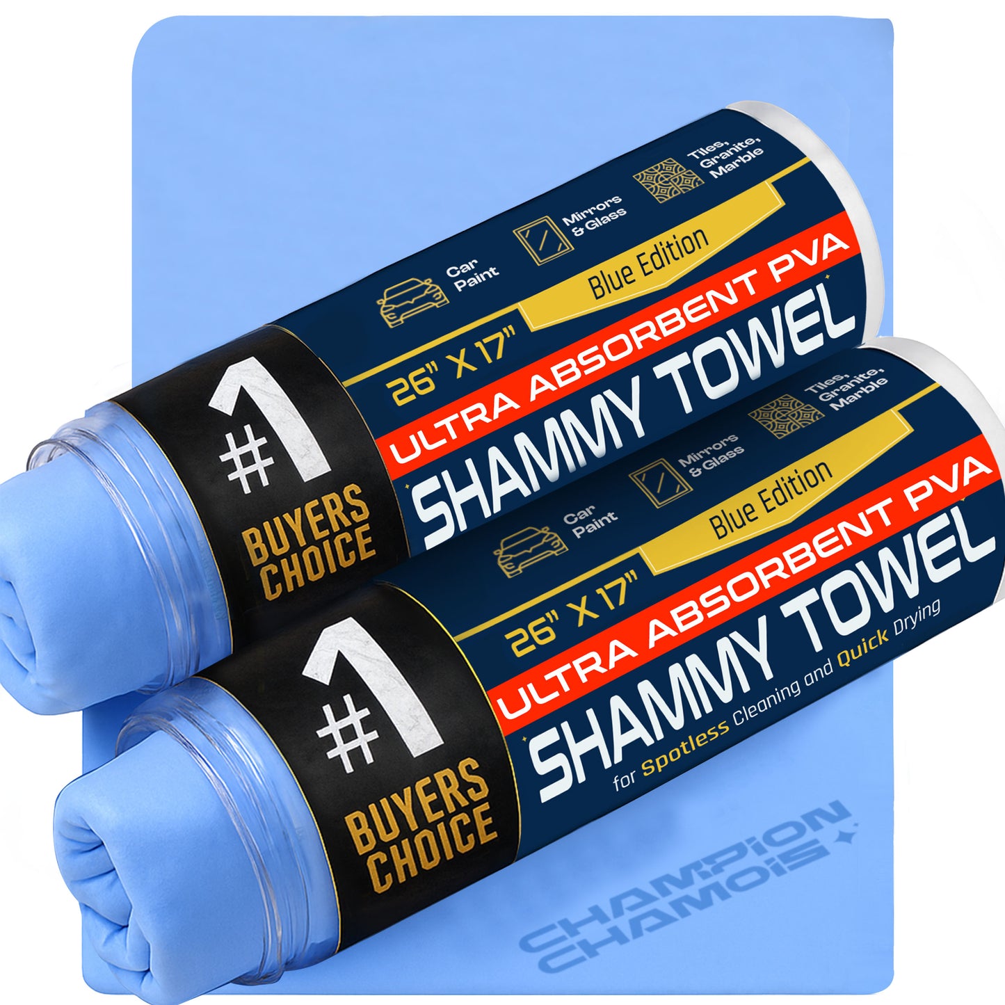 UltraAbsorb+ Premium Car Drying Shammy Cloth - 2 Pack (26"x17") - Blue Edition